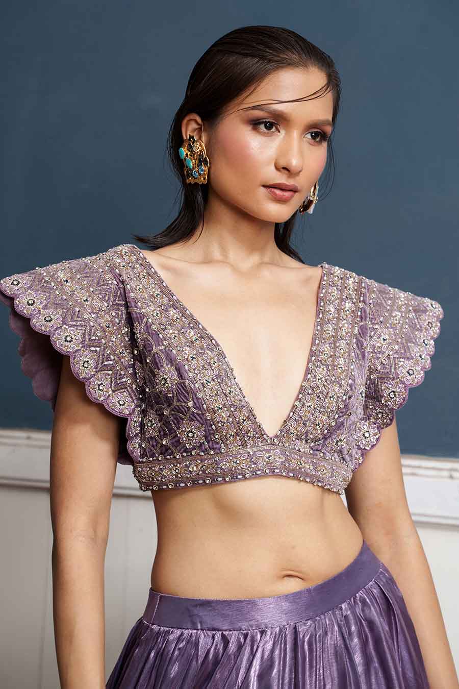 Purple Hand-Embroidered Blouse & Lehenga Set