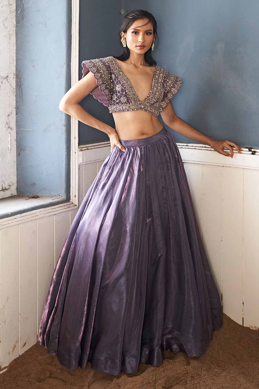 Purple Hand-Embroidered Blouse & Lehenga Set