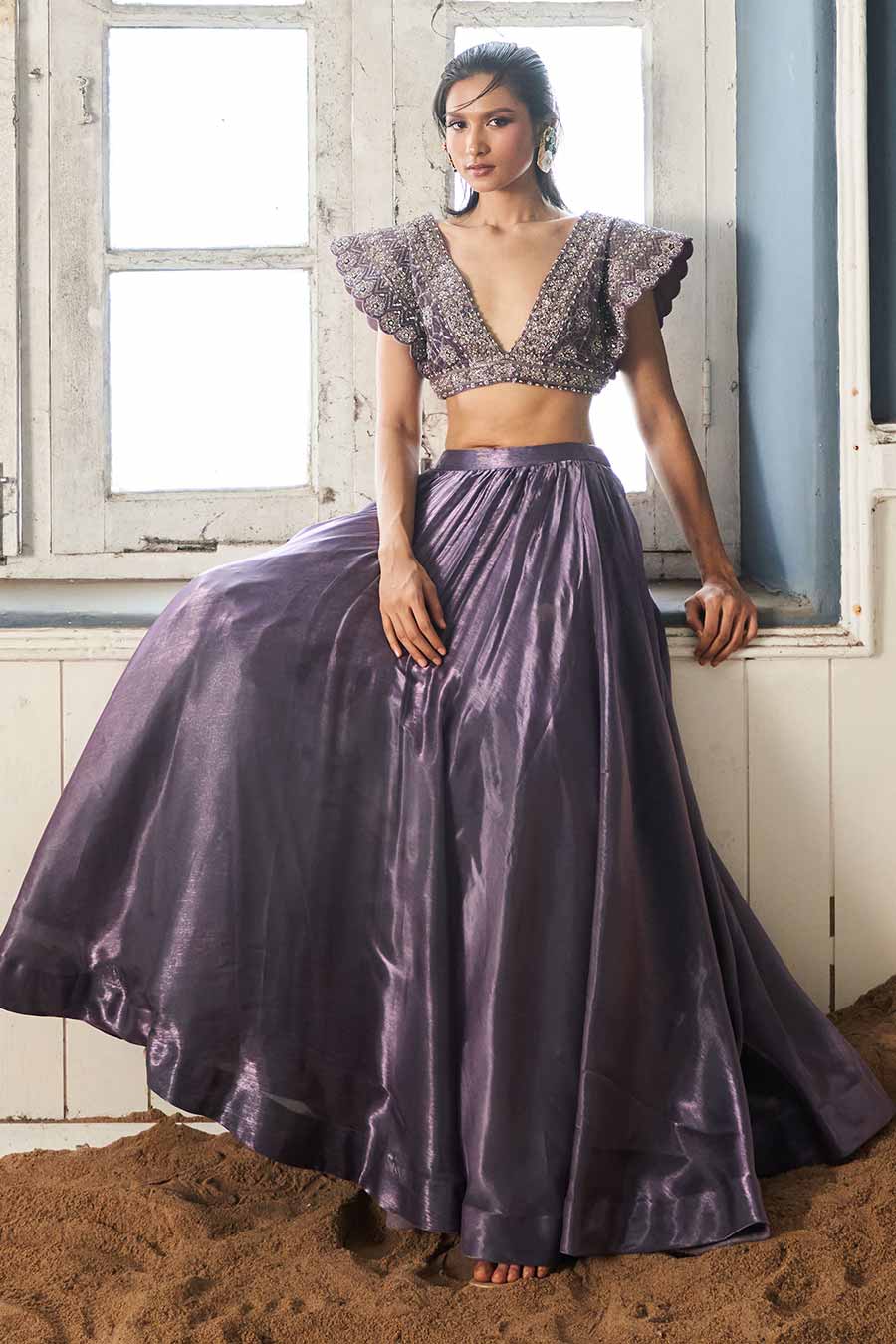 Purple Hand-Embroidered Blouse & Lehenga Set