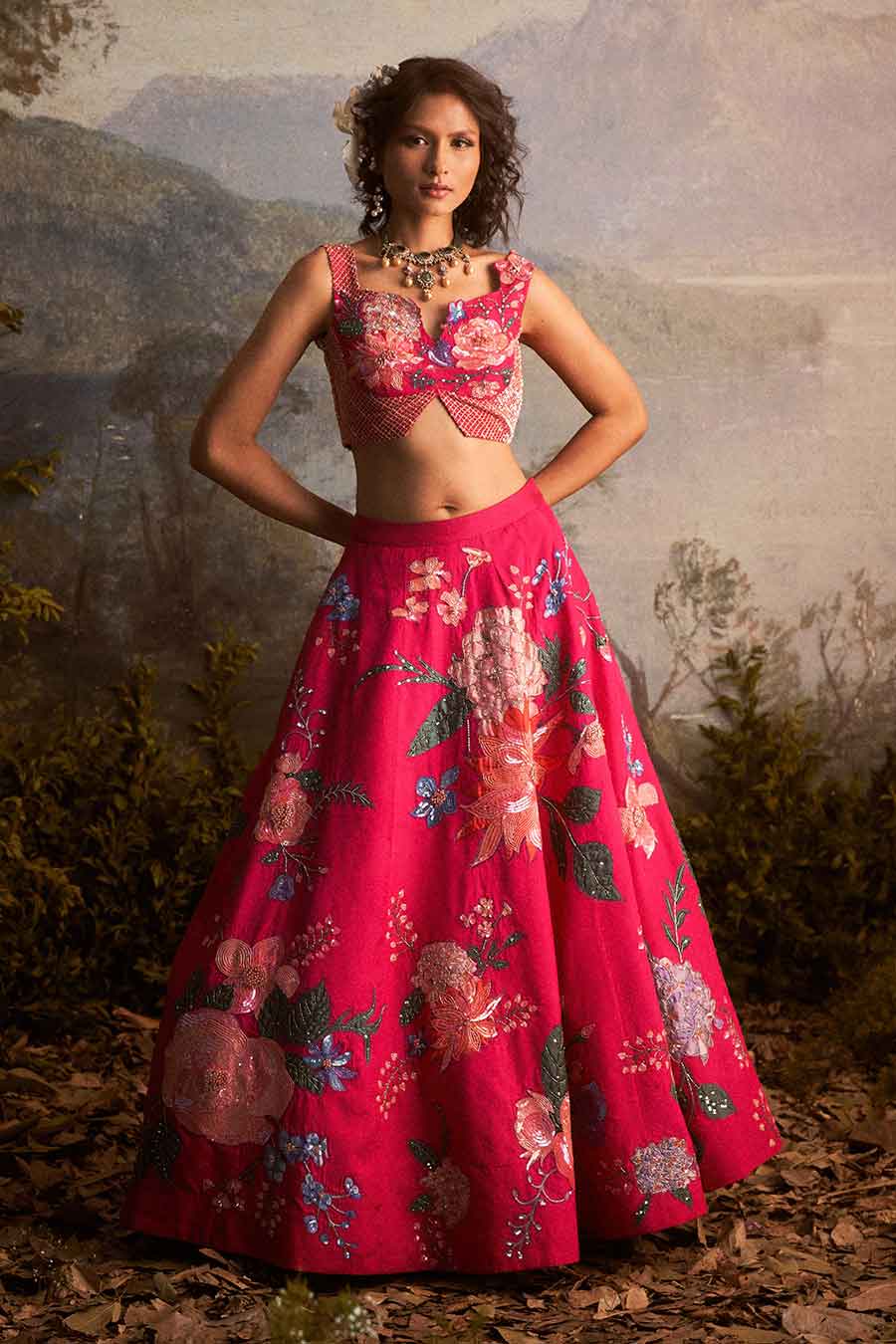 Fuschia Pink Hand-Embroidered Lehenga Set