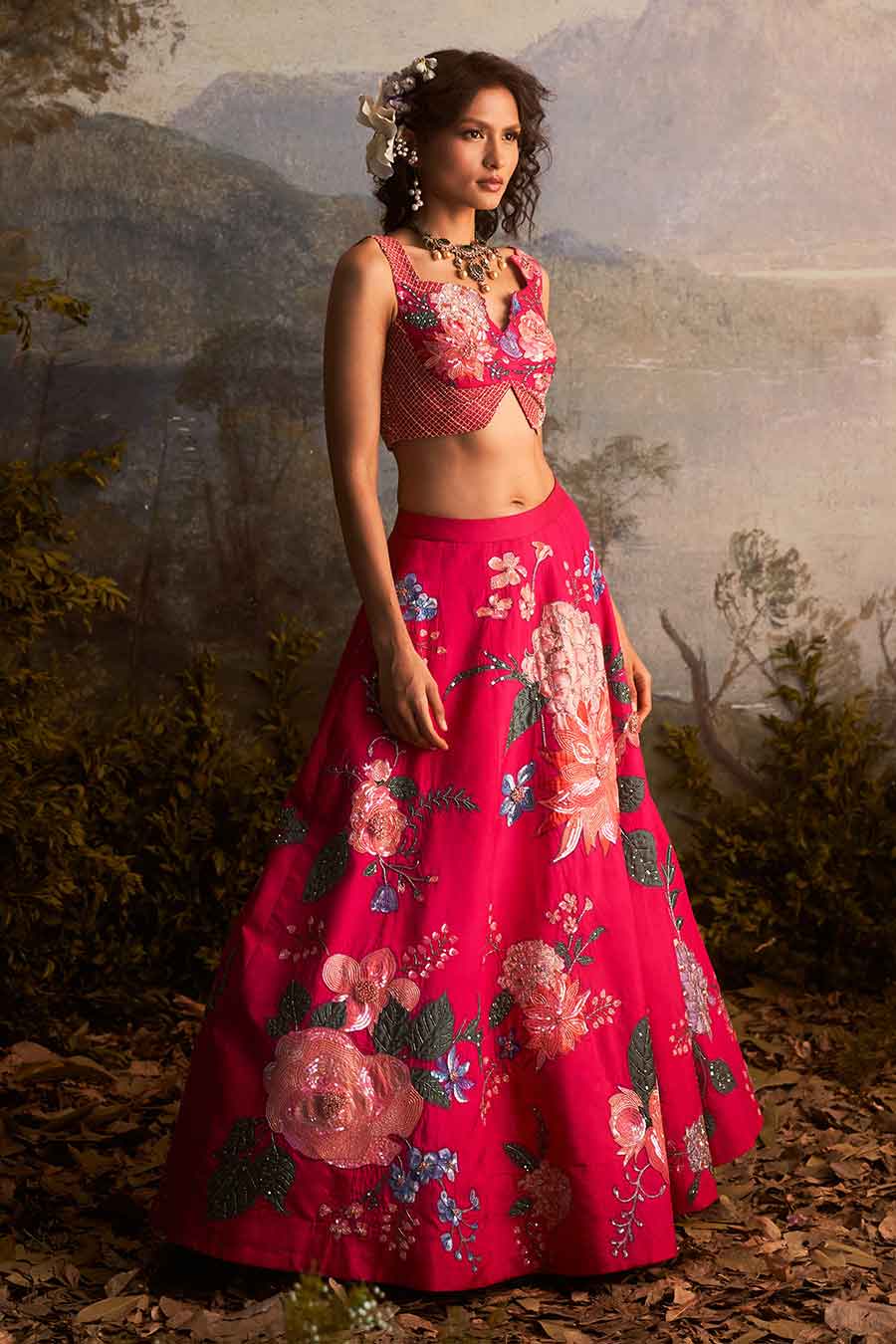 Fuschia Pink Hand-Embroidered Lehenga Set