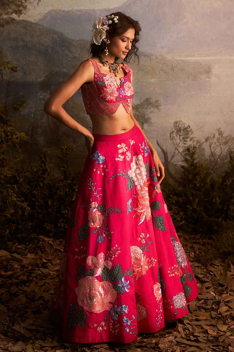 Fuschia Pink Hand-Embroidered Lehenga Set