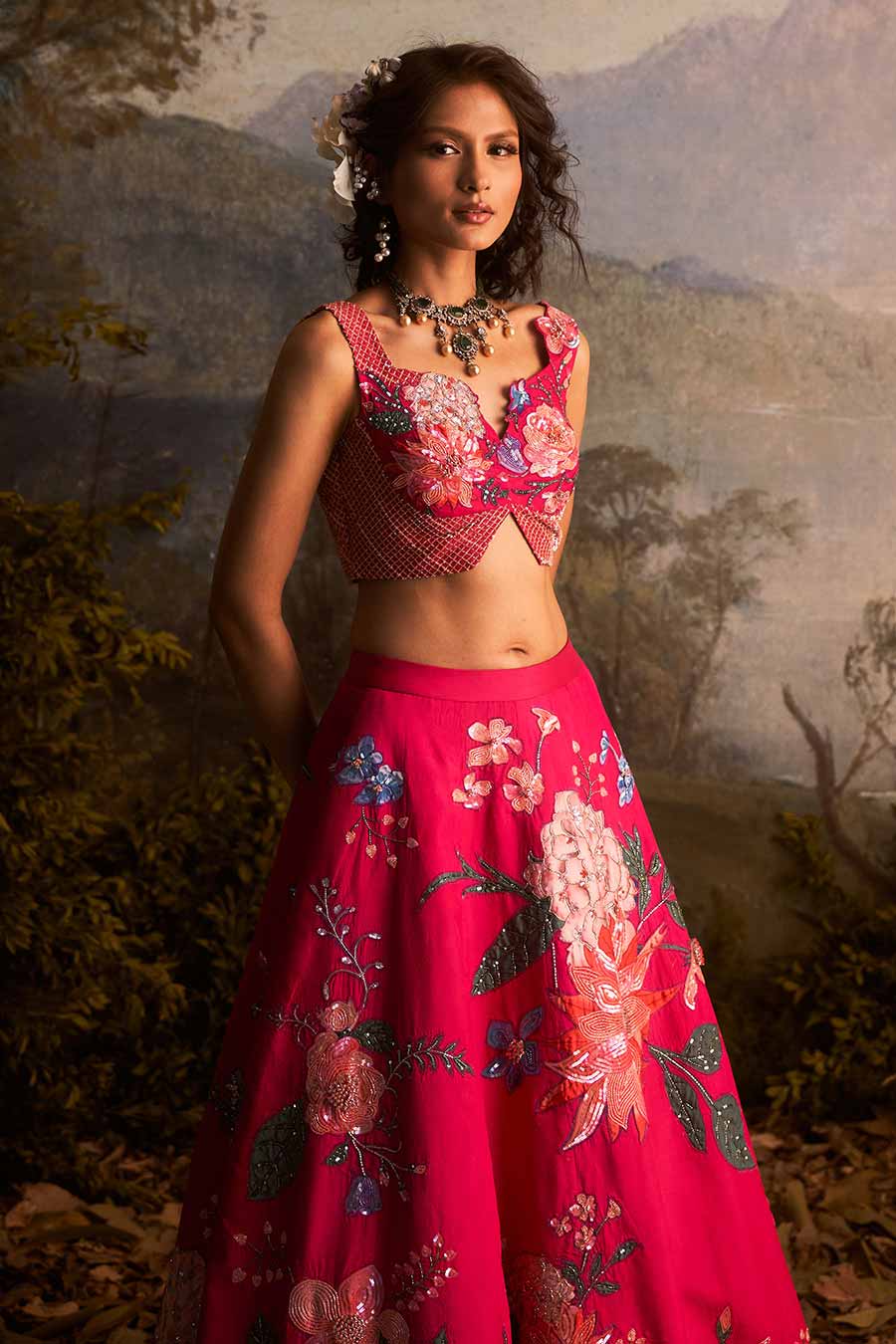 Fuschia Pink Hand-Embroidered Lehenga Set