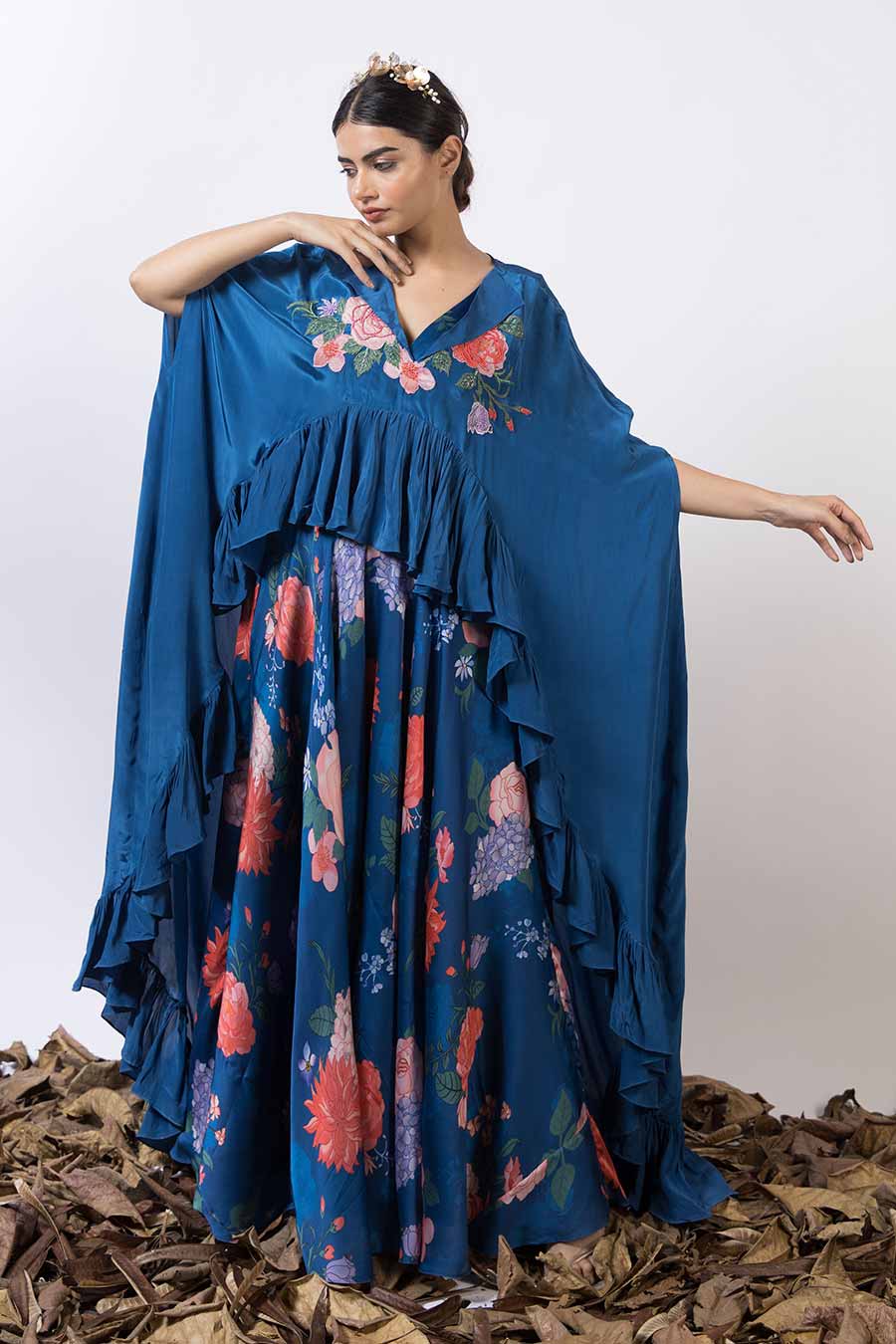 Navy Blue Printed Ruffle Kaftan