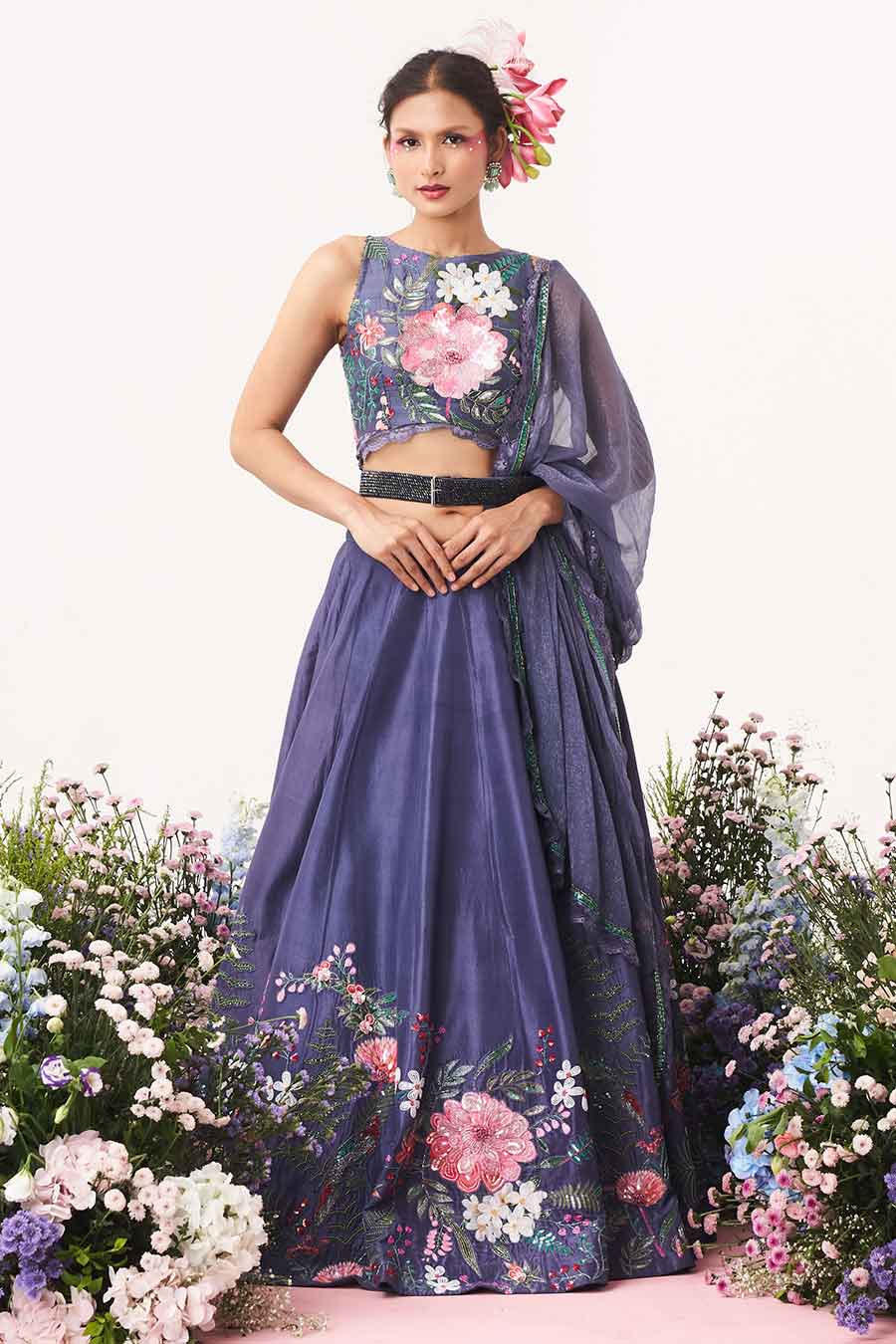 Purple Hand-Embroidered Lehenga Set