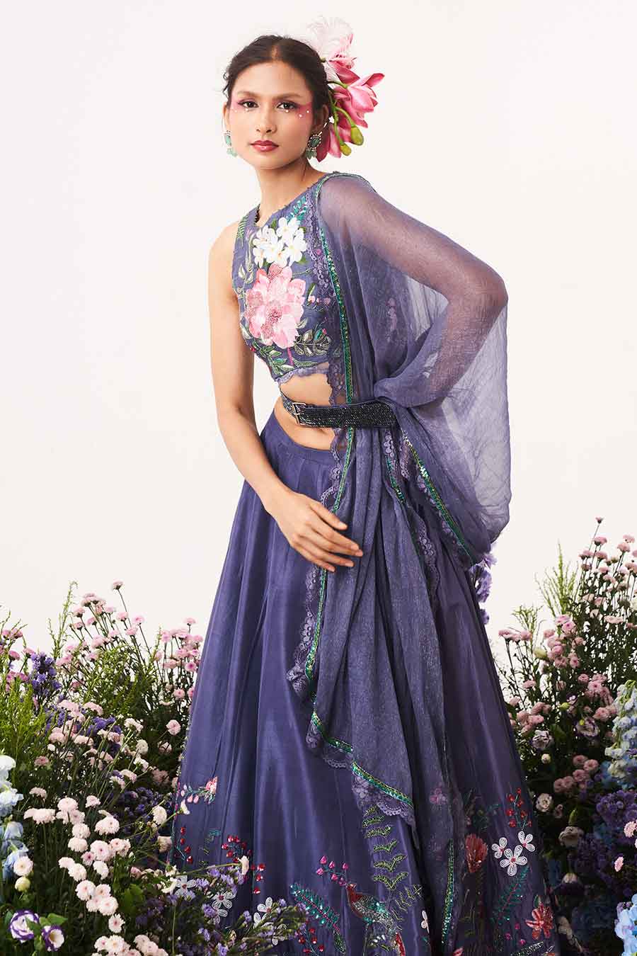 Purple Hand-Embroidered Lehenga Set