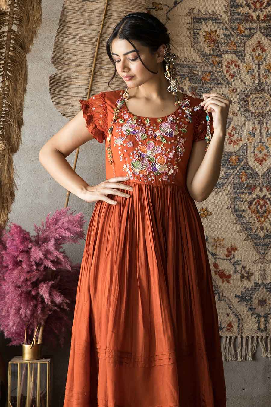 Naaz - Autumn Orange Embroidered Dress