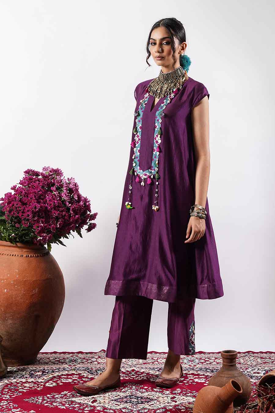 Purple Embellished Kurta & Pant Set