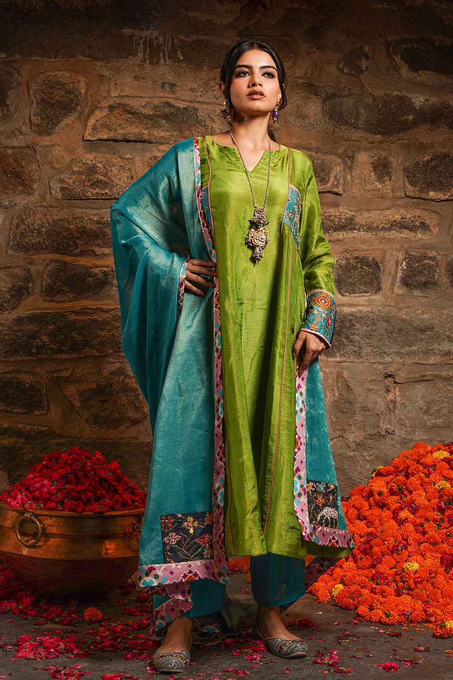 Gulzaar - Green Embellished Kali Kurta Set