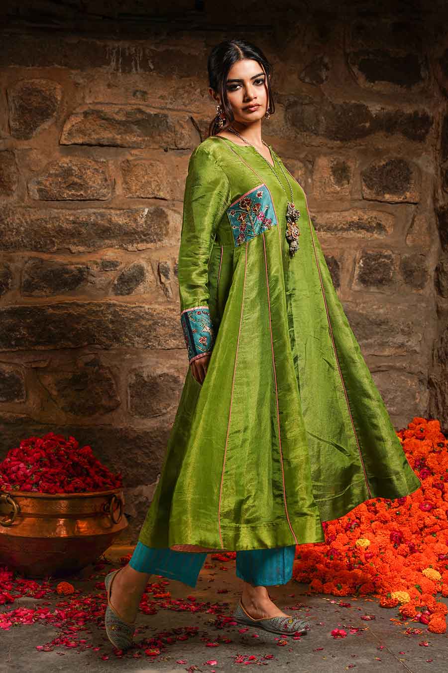 Gulzaar - Green Embellished Kali Kurta Set