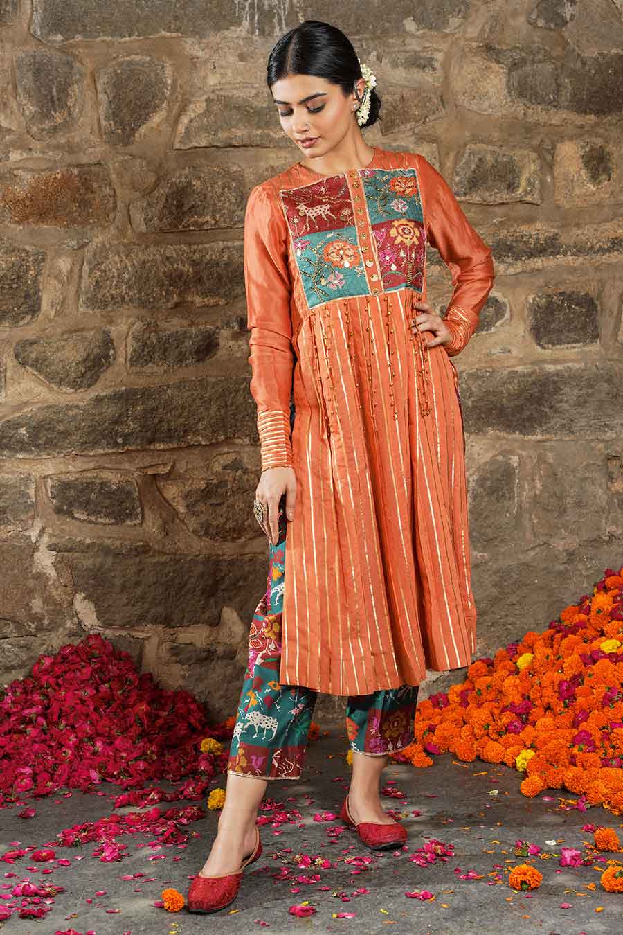 Leiyla - Orange Embellished Kurta & Pant Set