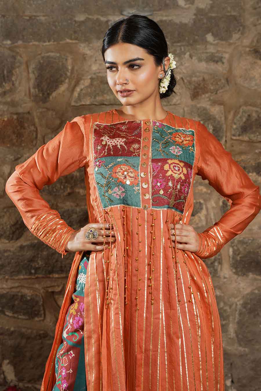 Leiyla - Orange Embellished Kurta & Pant Set