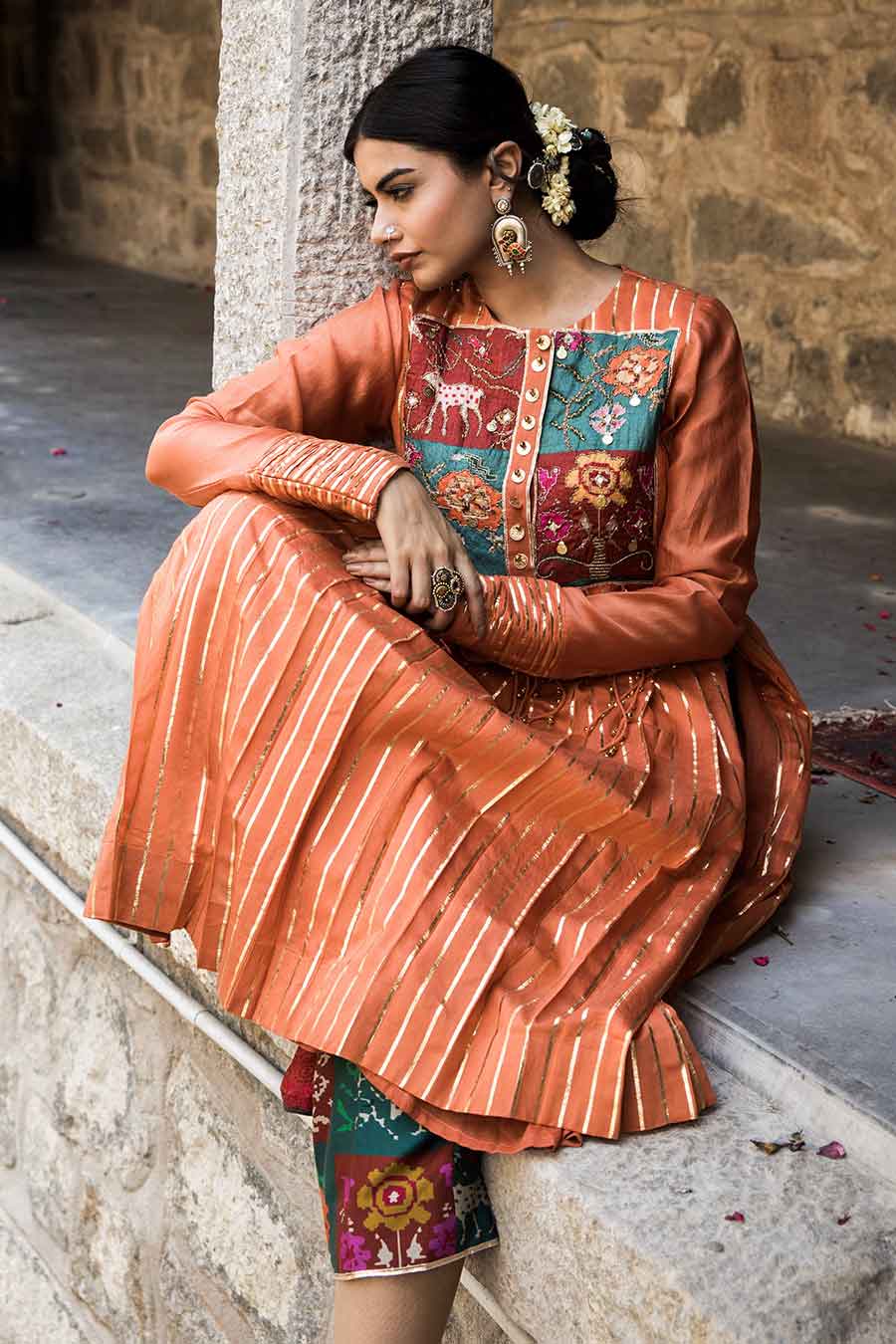 Leiyla - Orange Embellished Kurta & Pant Set