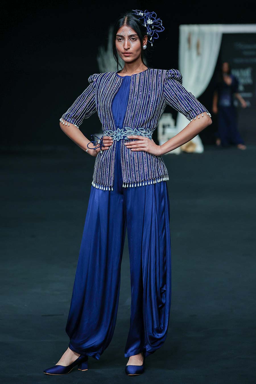 Deep Blue Ajrakh Embroidered Jacket & Jumpsuit Set