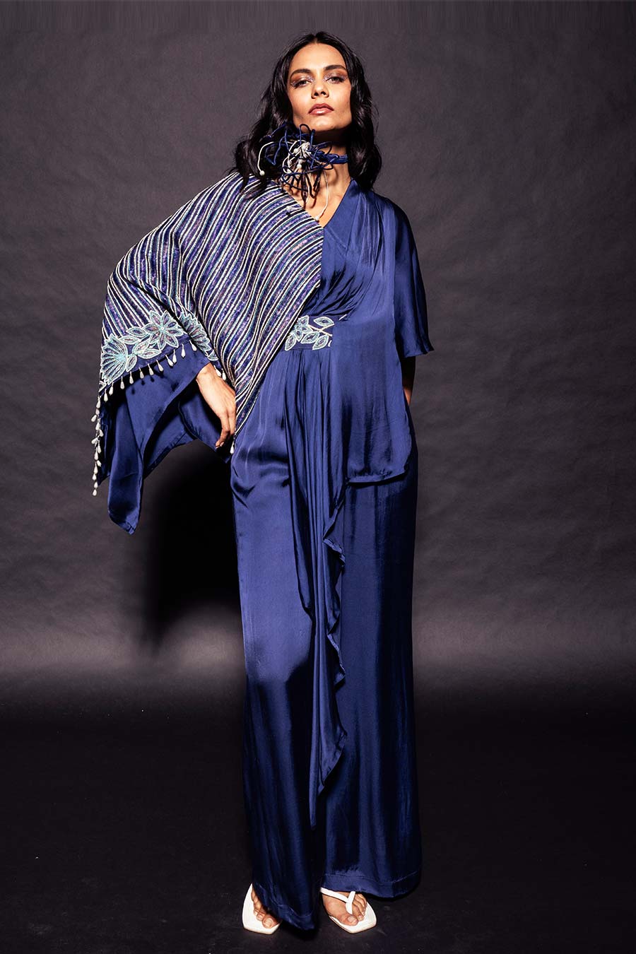 Deep Blue Ajrakh Embroidered Flap Jumpsuit