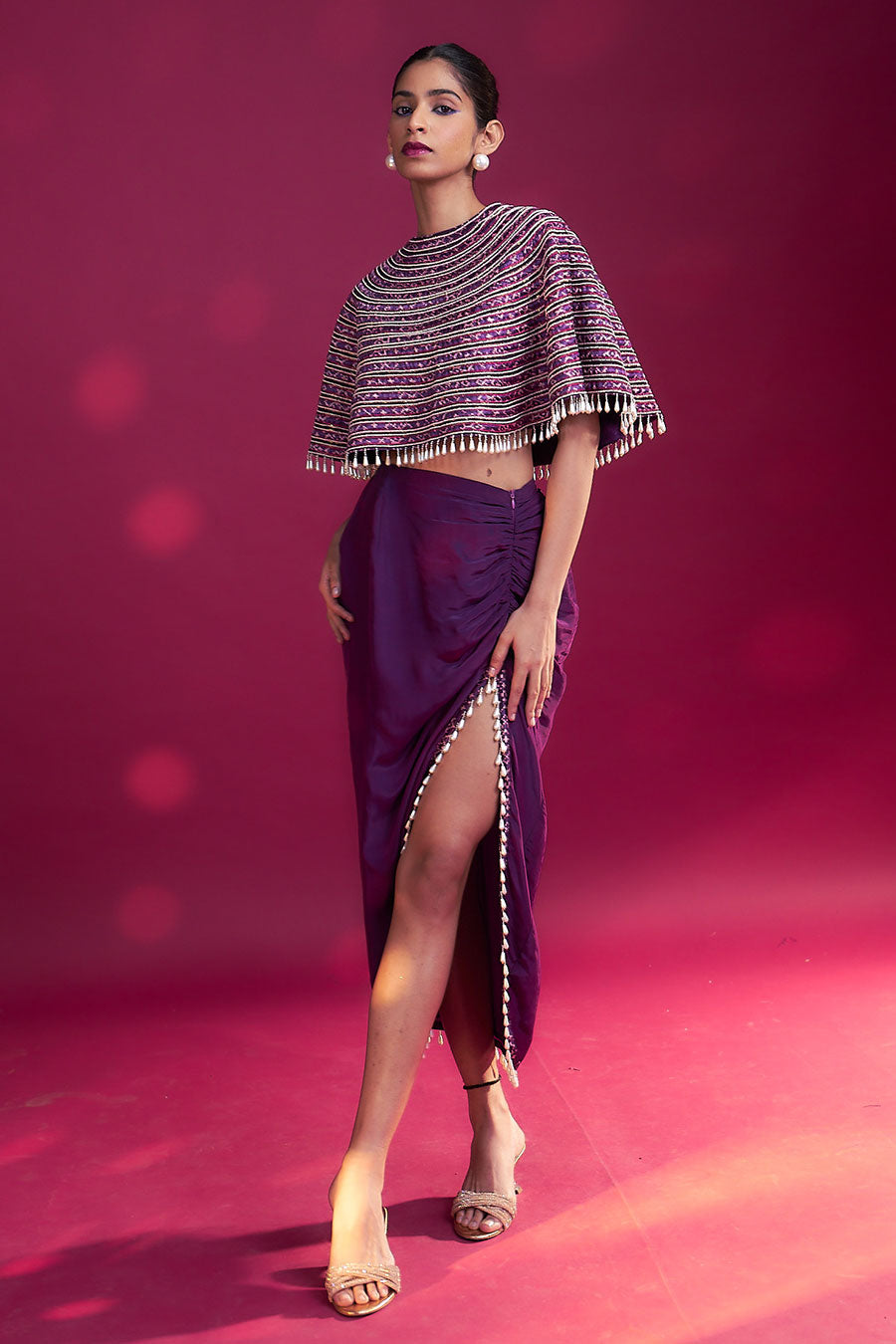 Purple Ajrakh Embroidered Cape & Draped Skirt Set