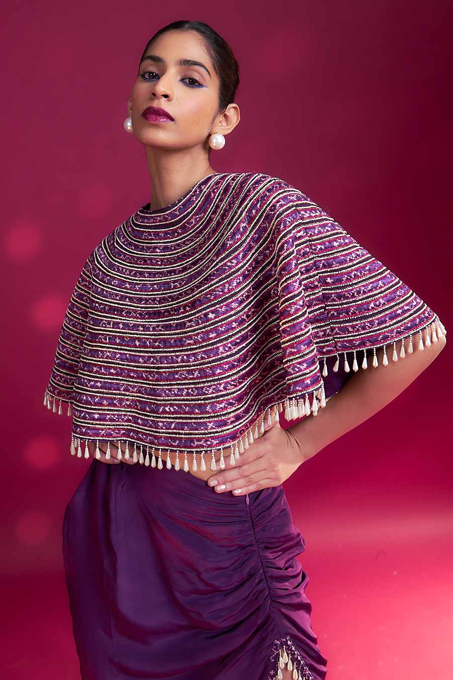 Purple Ajrakh Embroidered Cape & Draped Skirt Set