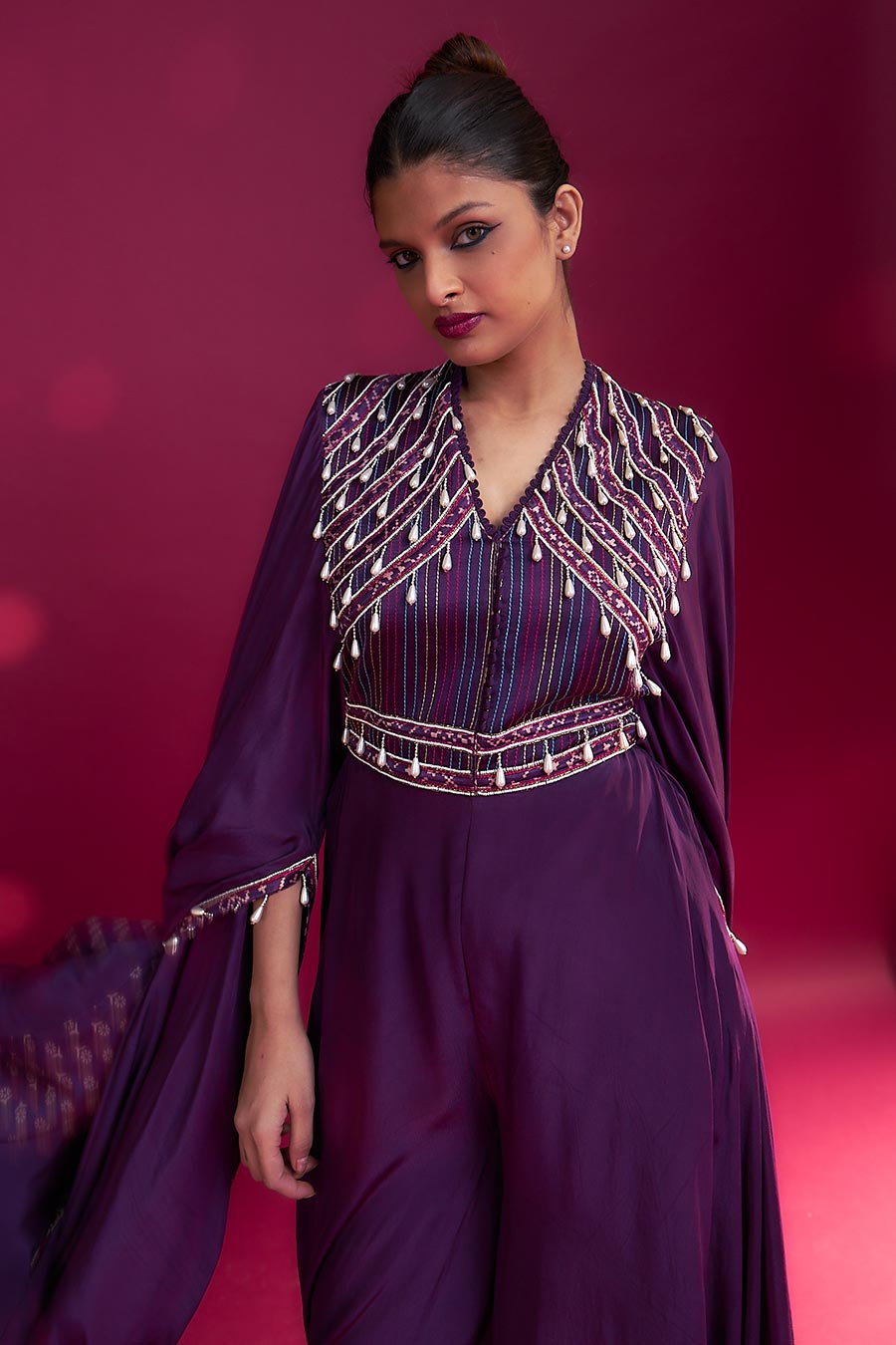 Purple Ajrakh Striped Cape Jumpsuit