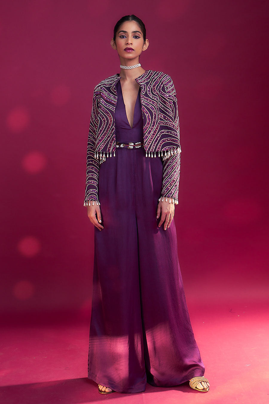 Purple Ajrakh Embroidered Jacket & Jumpsuit Set