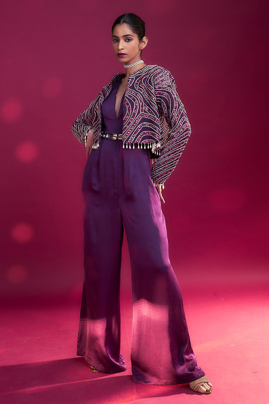 Purple Ajrakh Embroidered Jacket & Jumpsuit Set