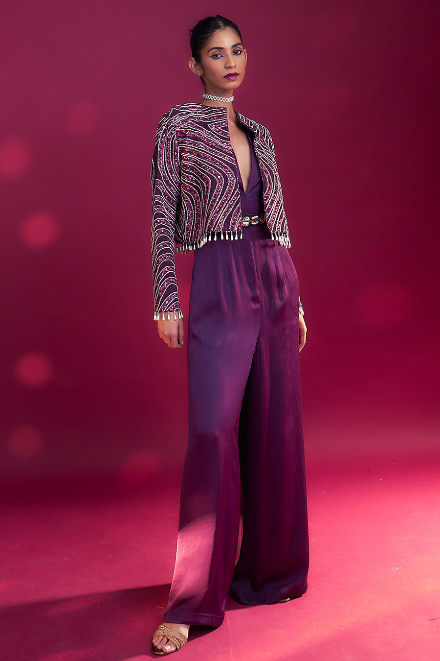 Purple Ajrakh Embroidered Jacket & Jumpsuit Set