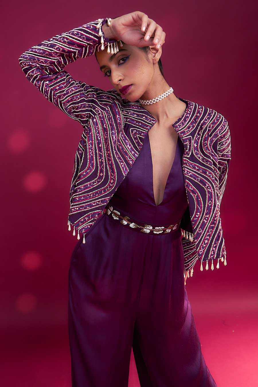 Purple Ajrakh Embroidered Jacket & Jumpsuit Set