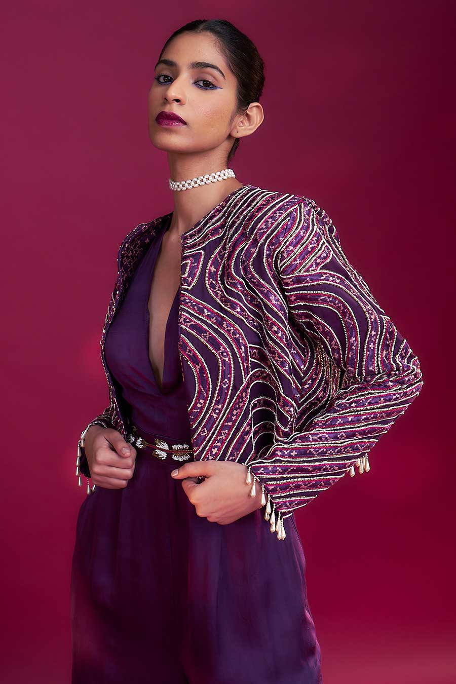 Purple Ajrakh Embroidered Jacket & Jumpsuit Set