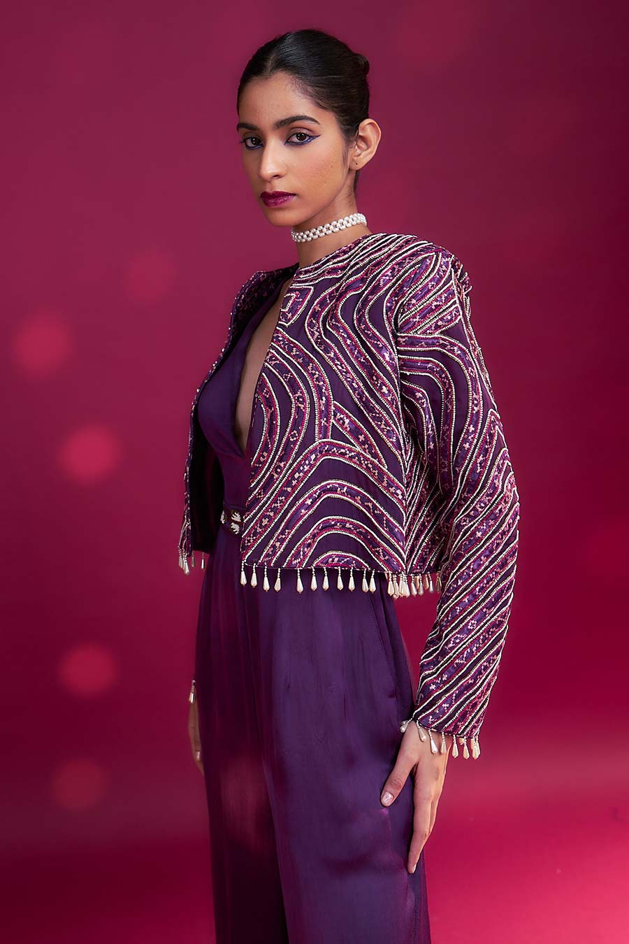 Purple Ajrakh Embroidered Jacket & Jumpsuit Set