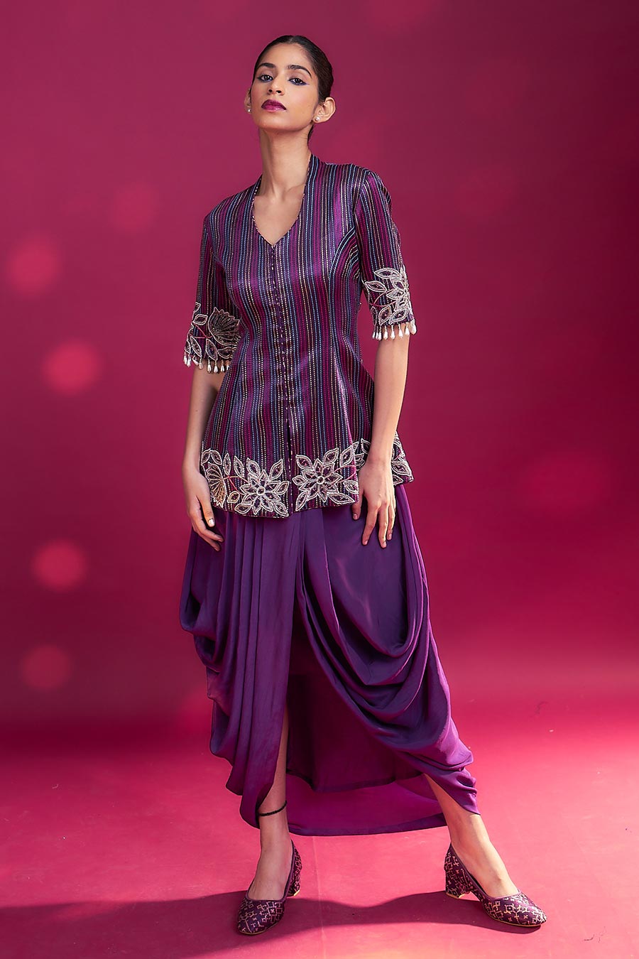 Purple Ajrakh Embroidered Peplum Jacket & Skirt Set