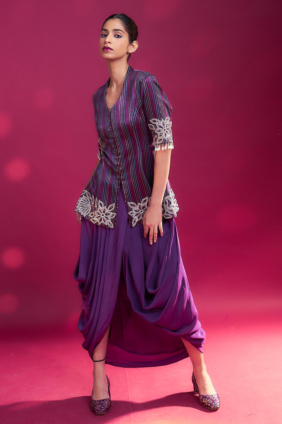 Purple Ajrakh Embroidered Peplum Jacket & Skirt Set