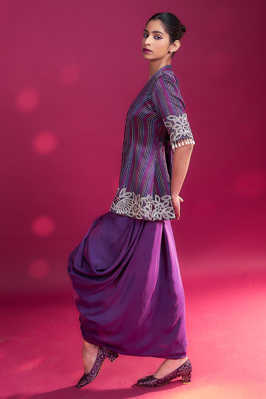 Purple Ajrakh Embroidered Peplum Jacket & Skirt Set