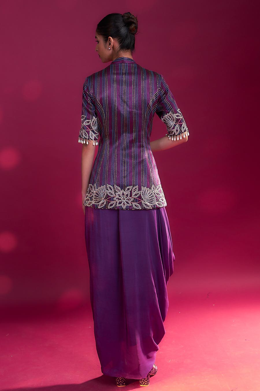 Purple Ajrakh Embroidered Peplum Jacket & Skirt Set