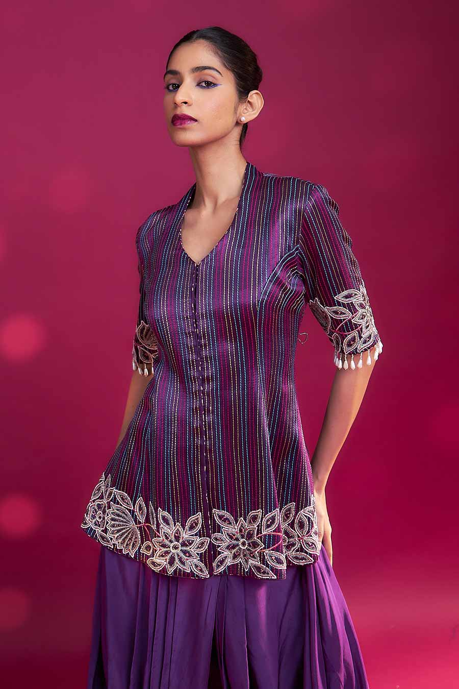 Purple Ajrakh Embroidered Peplum Jacket & Skirt Set