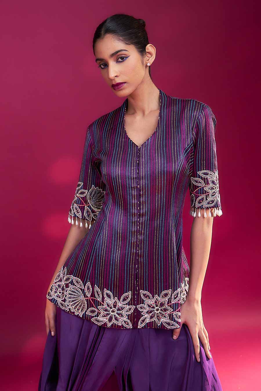 Purple Ajrakh Embroidered Peplum Jacket & Skirt Set