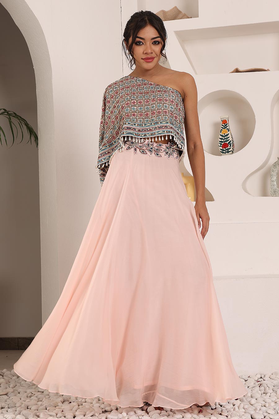 Pink Ajrakh Embroidered Top & Skirt Set