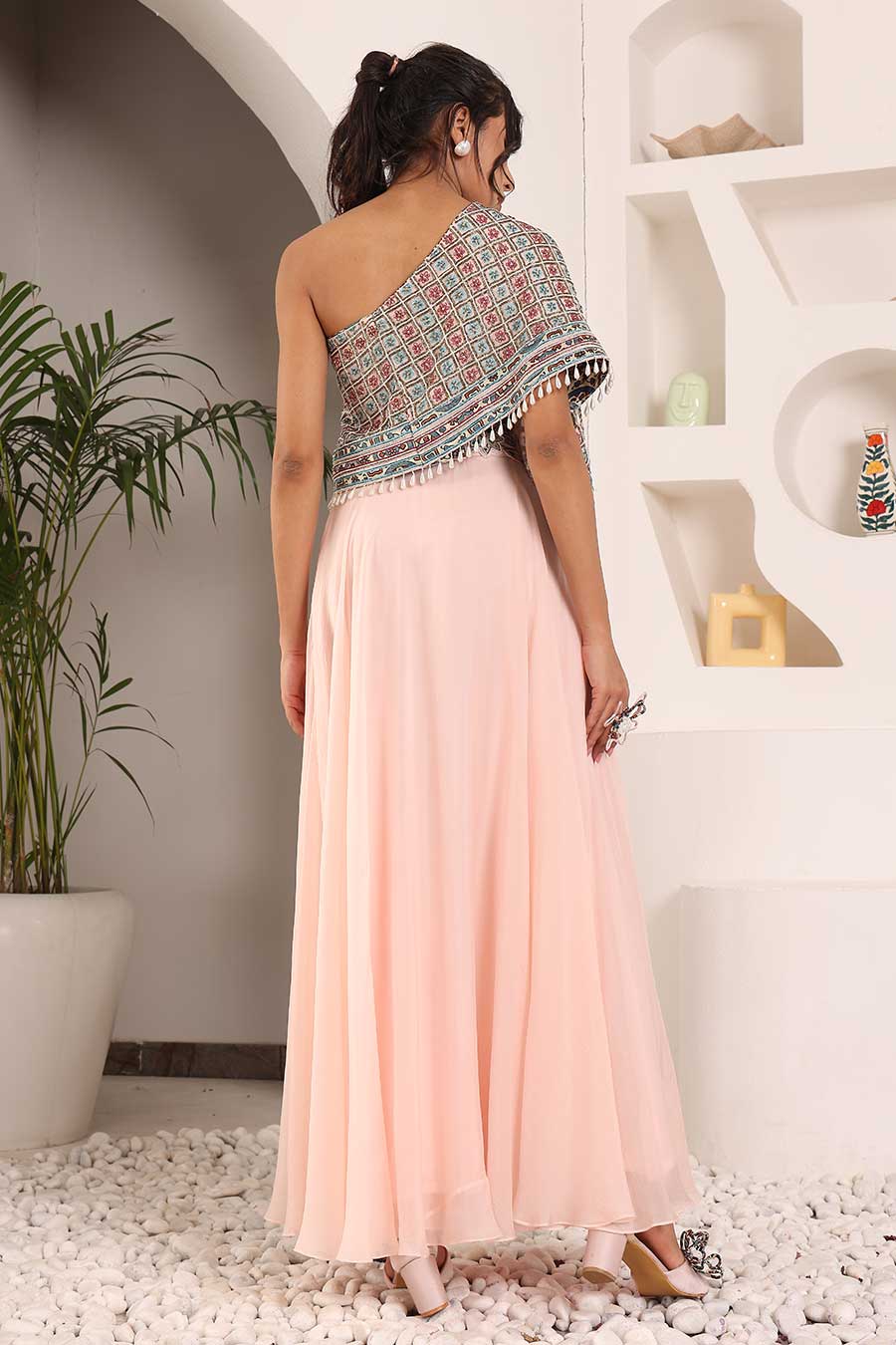 Pink Ajrakh Embroidered Top & Skirt Set