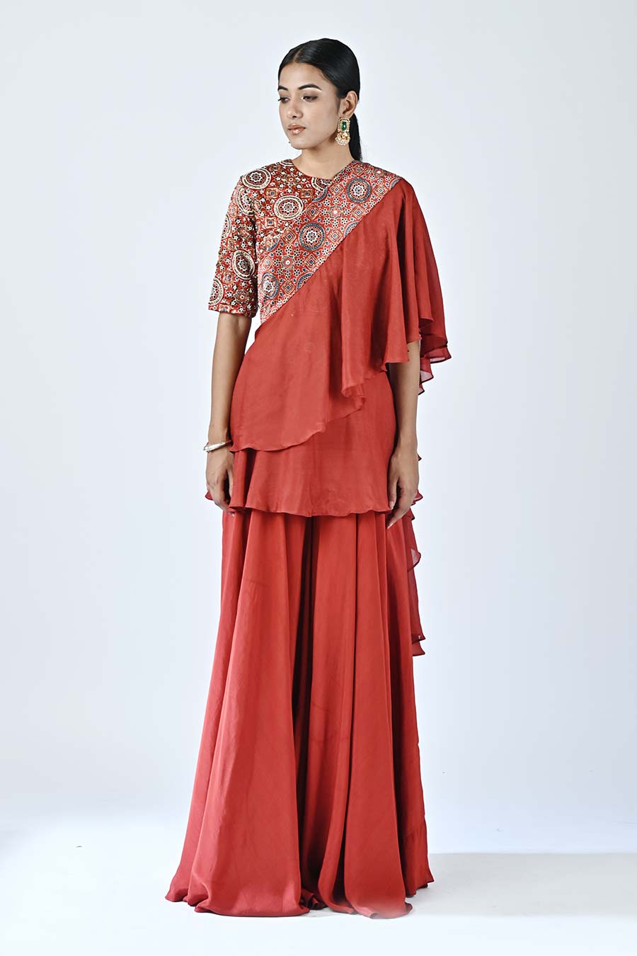 SEJALK VG 013 Red Ajrakh Blouse with Ruffled Dupatta and Pants 1
