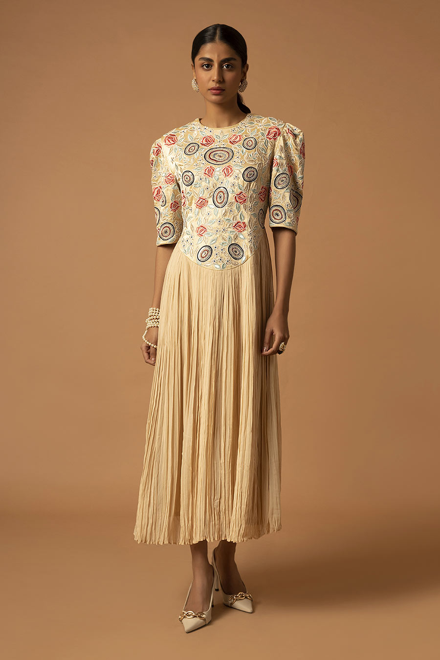 Beige Ivy Embroidered Gathered Dress