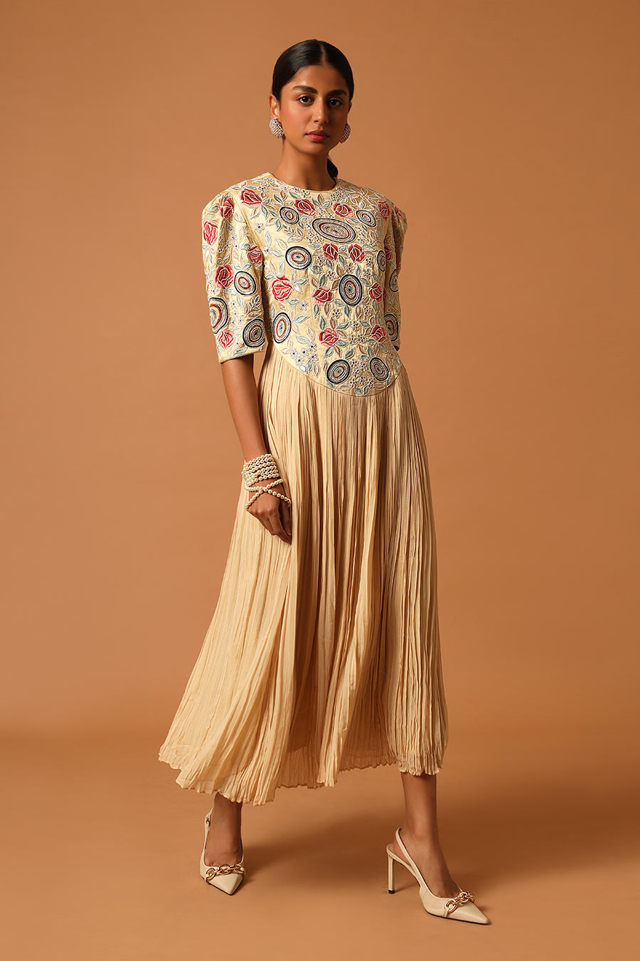 Beige Ivy Embroidered Gathered Dress