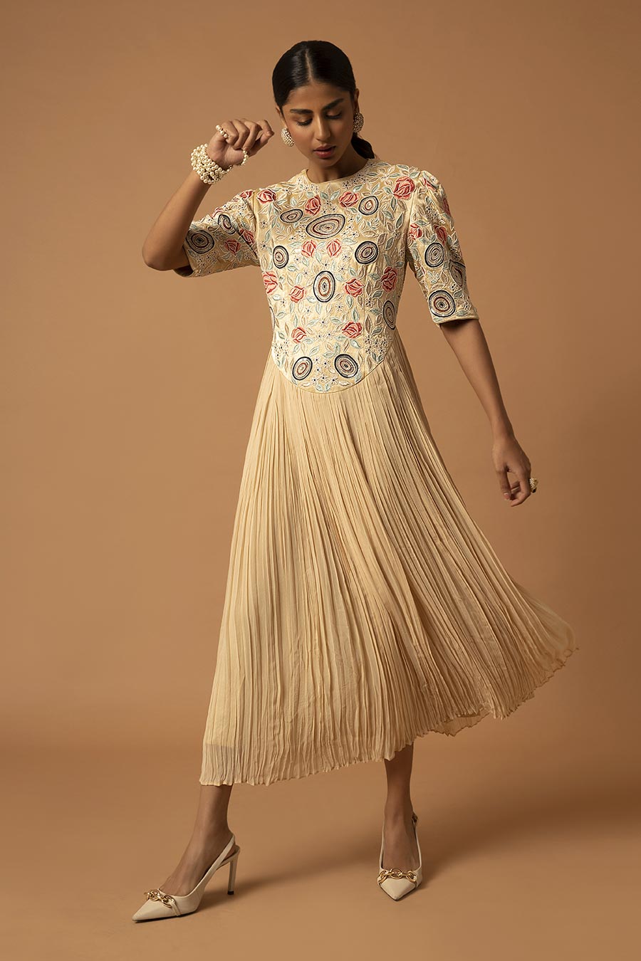 Beige Ivy Embroidered Gathered Dress