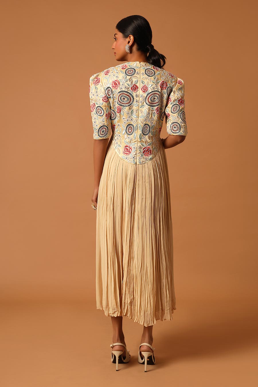 Beige Ivy Embroidered Gathered Dress