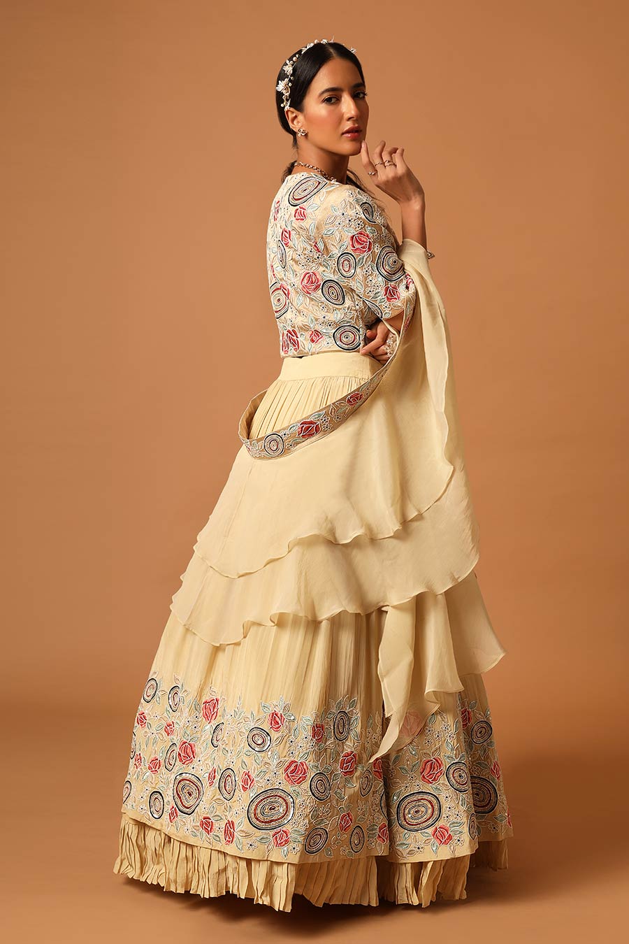 Beige Embroidered Double-Layered Lehenga Set