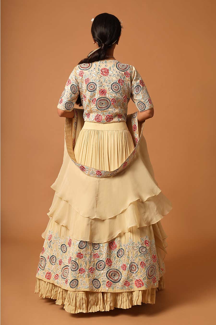 Beige Embroidered Double-Layered Lehenga Set