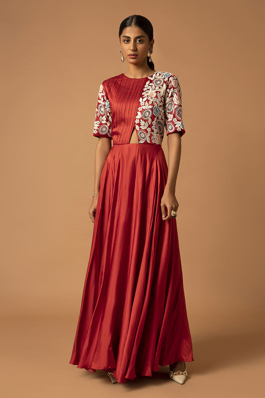 Scarlet Red tunis Embroidered Pleated Dress