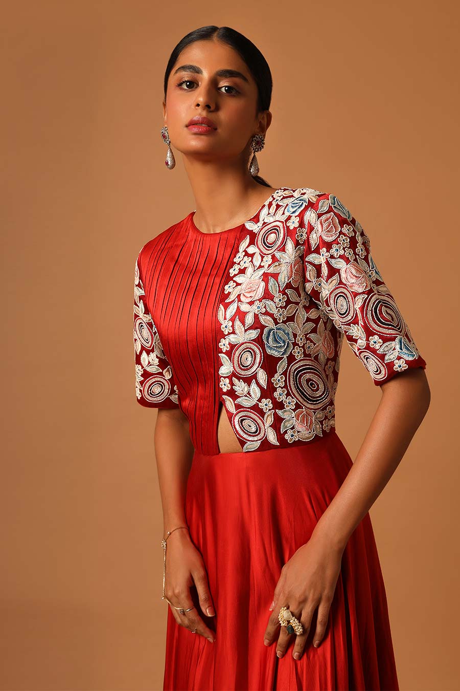 Scarlet Red tunis Embroidered Pleated Dress