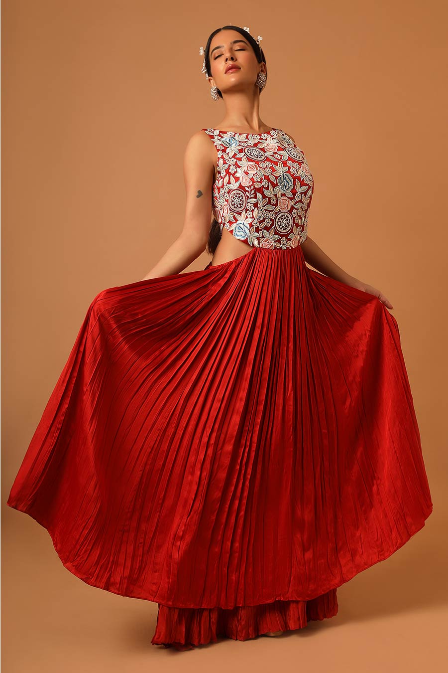 Scarlet Red Embroidered Double-Layered Dress