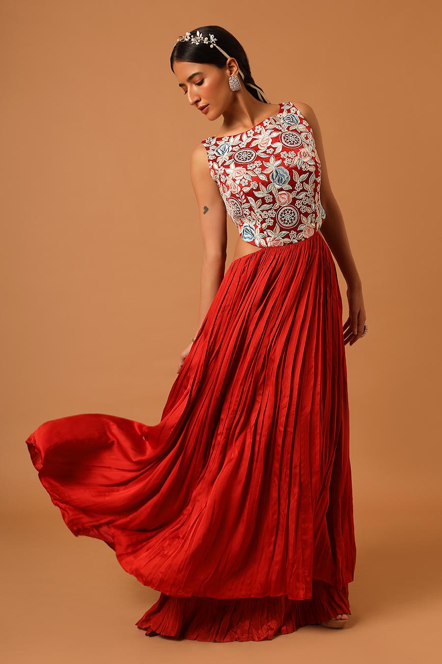 Scarlet Red Embroidered Double-Layered Dress