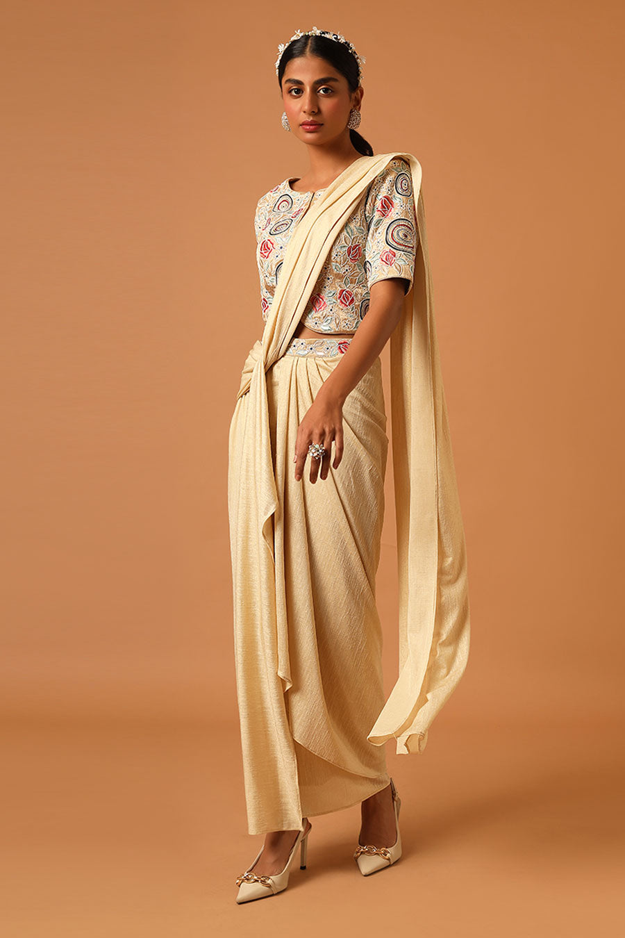 Cream Embroidered Pre-Draped Saree Set