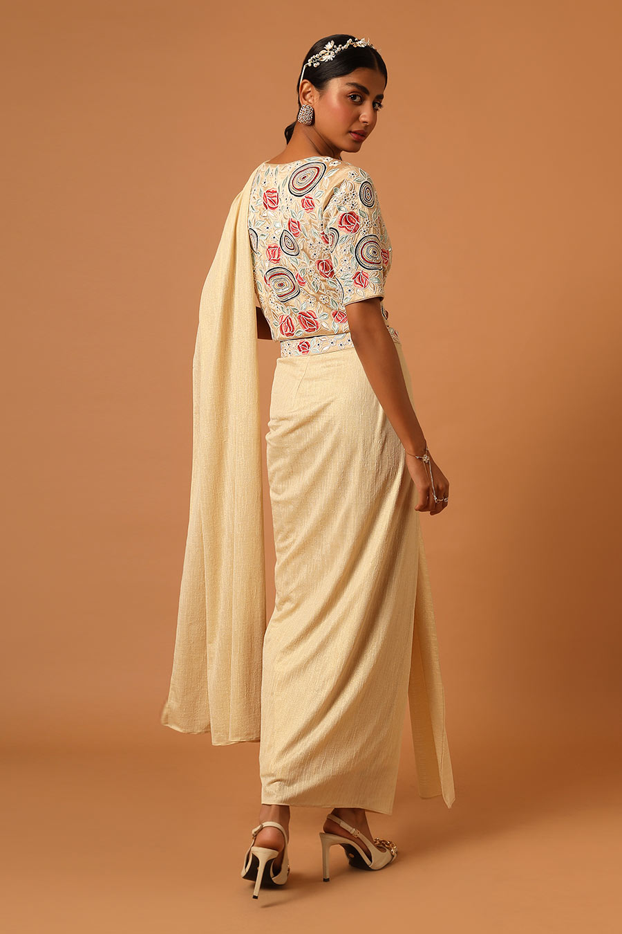 Cream Embroidered Pre-Draped Saree Set