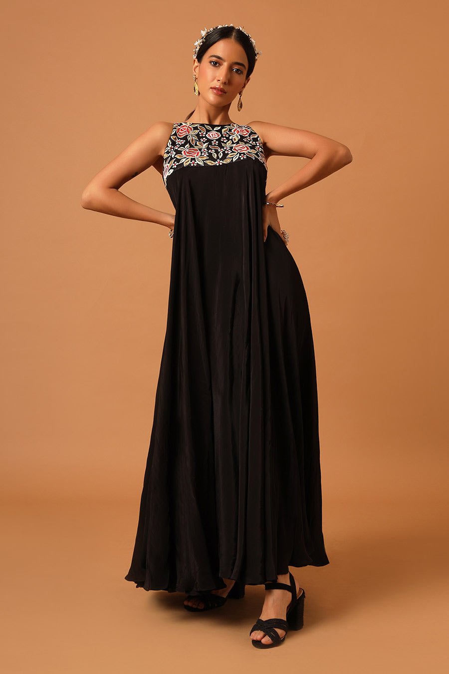 Black Embroidered Flared Dress